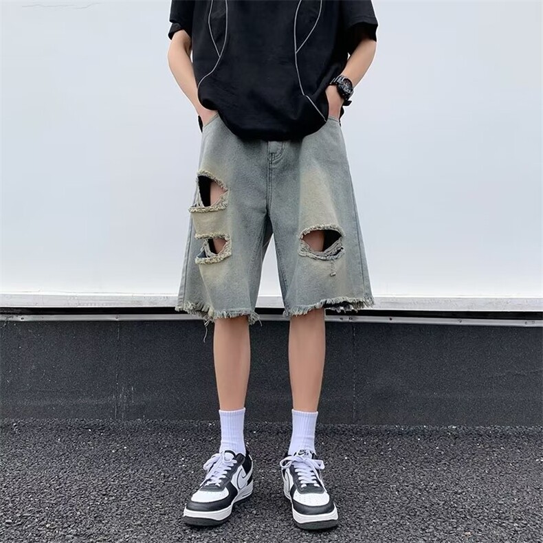 高街复古牛仔破洞短裤女夏季设计感小众宽松直筒五分裤子N3232,男装牛仔裤,星座1116A-1（原606A）