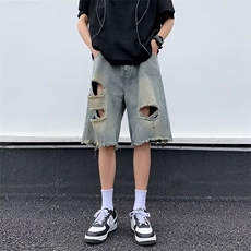 高街复古牛仔破洞短裤女夏季设计感小众宽松直筒五分裤子N3232，男装牛仔裤，星座1116A-1（原606A）