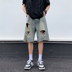 高街复古牛仔破洞短裤女夏季设计感小众宽松直筒五分裤子N3232,修身皮衣长外套怎么搭配好看图片