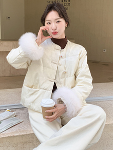 新中式人丝提花羽绒服女冬季欧货高端狐狸毛袖口90白鸭绒保暖外套图片