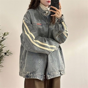 美式复古水洗做旧牛仔夹克男秋季宽松痞帅情侣装机车服外套图片