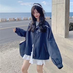 藏青色别致刺绣休闲风外套女2025年春秋季新款韩系松弛感时尚夹克图片