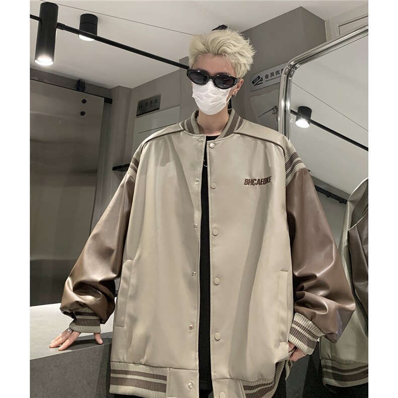 港风美式复古拼接罗纹pu棒球服情侣皮衣夹克外套男女G1094P108,男装夹克,电商A339