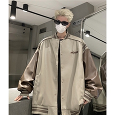 港风美式复古拼接罗纹pu棒球服情侣皮衣夹克外套男女G1094P108，男装夹克，电商A339