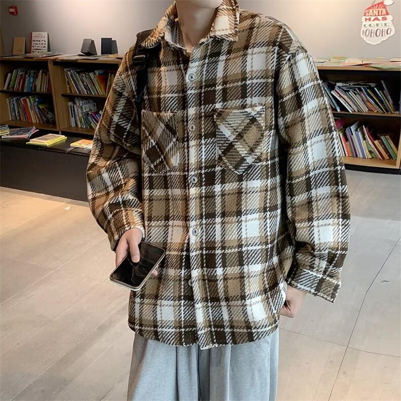 外套男毛呢格子日系秋冬季复古宽松加厚衬衫工装夹克衬衣C28-P63,男装衬衫,星座308B-2