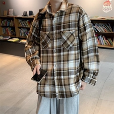 外套男毛呢格子日系秋冬季复古宽松加厚衬衫工装夹克衬衣C28-P63，男装衬衫，星座308B-2