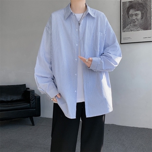 春夏条纹衬衫男长袖薄款痞帅高级感宽松慵懒风大码衬衣CS29003P45图片