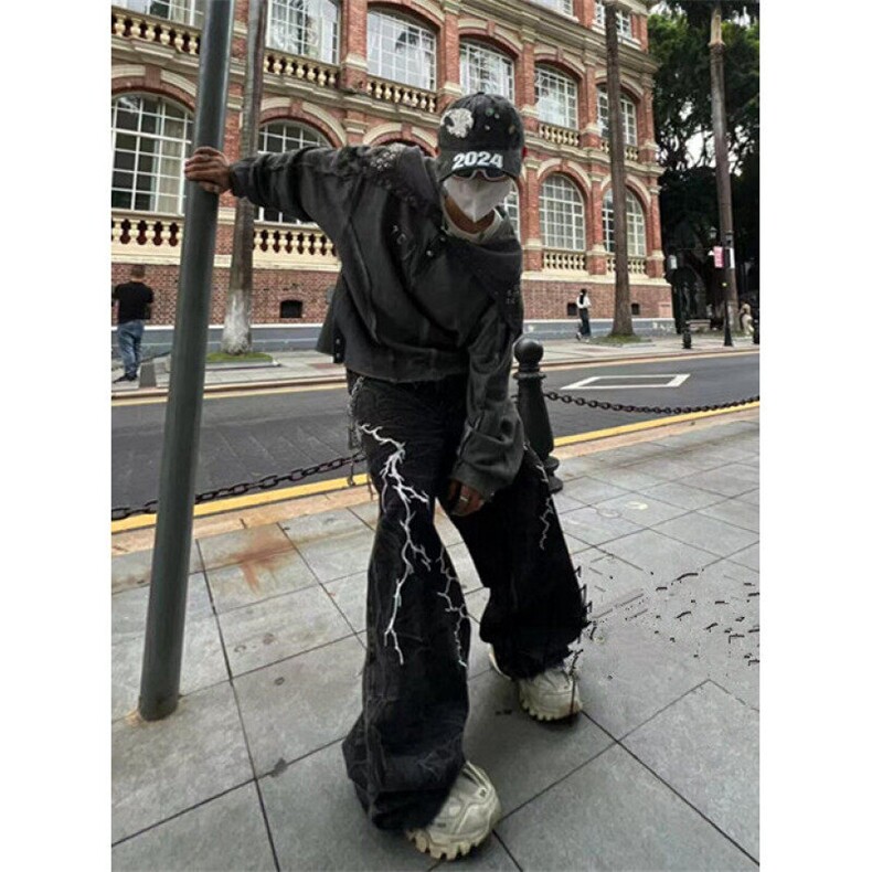 小众闪电刺绣阔腿牛仔裤男春秋季宽松休闲水洗长裤 NG110图片