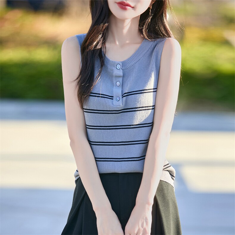 夏季冰丝针织条纹背心女2025新款外穿复古显瘦减龄无袖吊带背心薄,女装背心吊带,思牵羊绒