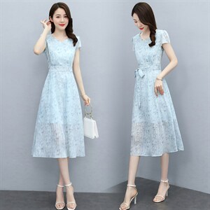 2023夏季新款简约气质优雅时尚腰部系带收腰显瘦雪纺连衣裙，女装连衣裙，牡丹诺