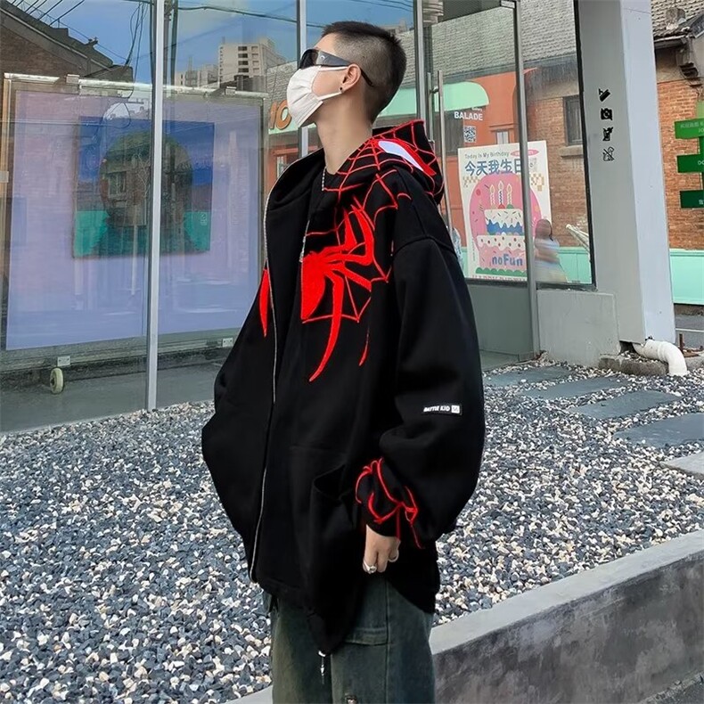 美式复古蜘蛛刺绣拉链开衫连帽卫衣男春秋季潮W61-P57,男装卫衣,星座1109-3