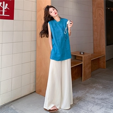 新中式国风禅意无袖背心阔腿裤两件套女2025夏新款清冷感气质套装，女装套装/套裙，2D145