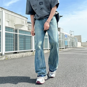 水洗划痕牛仔裤男cleanfit美式街头潮牌直筒宽松做旧垂感微喇长裤图片