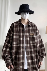 港风秋冬季呢料格子衬衫男潮宽松大码磨毛呢子衬衣225-2-CS708，男装衬衫，星座225-2