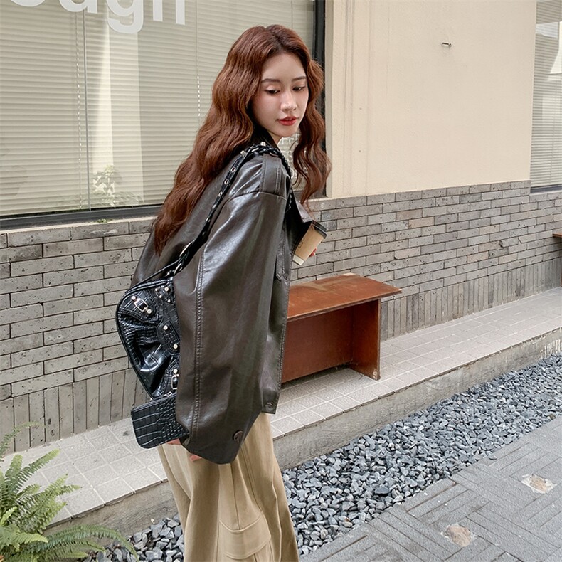 咖色复古美式做旧立领机车皮衣女秋2025新款小个子休闲显瘦短外套,女装皮衣,2C256