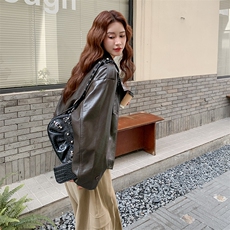 咖色复古美式做旧立领机车皮衣女秋2025新款小个子休闲显瘦短外套，女装皮衣，2C256