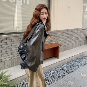 咖色复古美式做旧立领机车皮衣女秋2025新款小个子休闲显瘦短外套图片