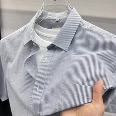 2025夏季男士短袖棉真口袋条纹衬衣纯棉短袖衬衫休闲衬衣，男装衬衫，钱塘207-1