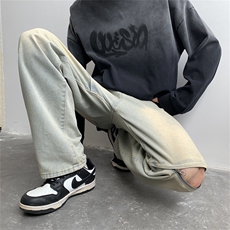 复古美式破洞牛仔裤男拉链阔腿休闲长裤子N0920-P45，男装牛仔裤，星座308B-1