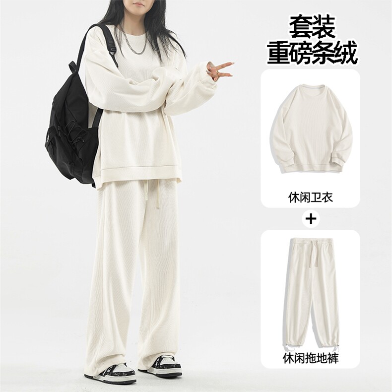 美式潮牌套装重磅条绒两件套中性圆领卫衣抽绳束脚裤-TZ810特批92图片