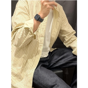 日系复古工装刺绣条纹长袖衬衫春秋季宽松休闲衬衣 C043图片