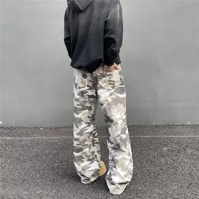 美式vintage街头风灰白迷彩工装裤男宽松直筒vibe风拖地裤,男装牛仔裤,星座506A