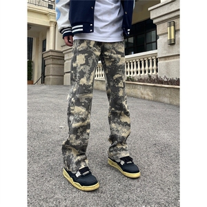 美式vibe迷彩直筒工装牛仔裤男hiphop高街复古微喇修身图片