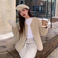 韩系时髦短款保暖杏色羊羔毛外套女2025冬季新款显瘦加厚减龄棉服，女装皮草，2C316