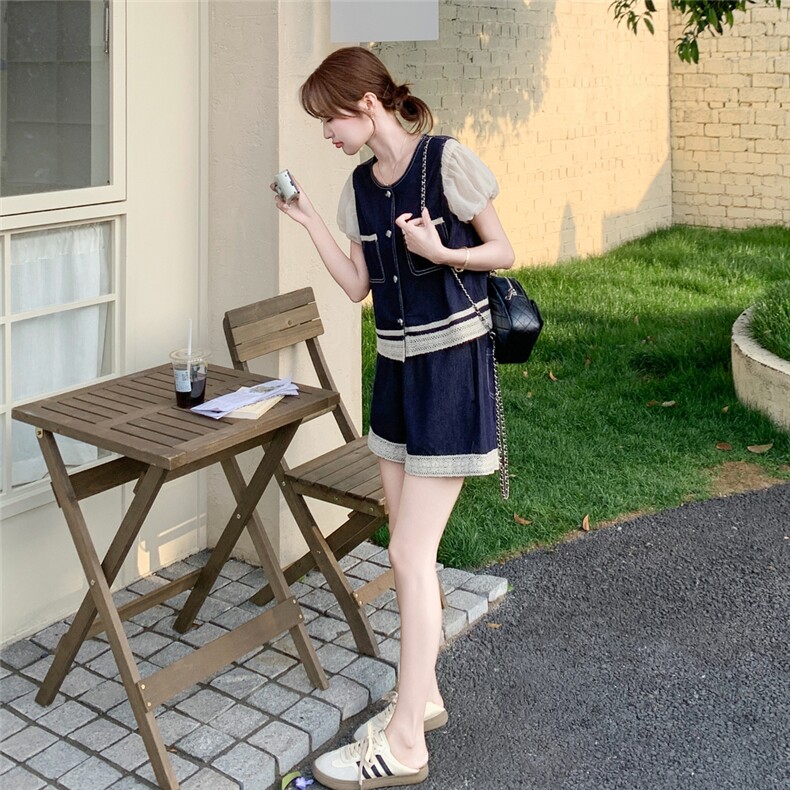甜酷风设计感牛仔套装女2025夏季新款泡泡袖上衣短裤小个子两件套,女装套装/套裙,2C159