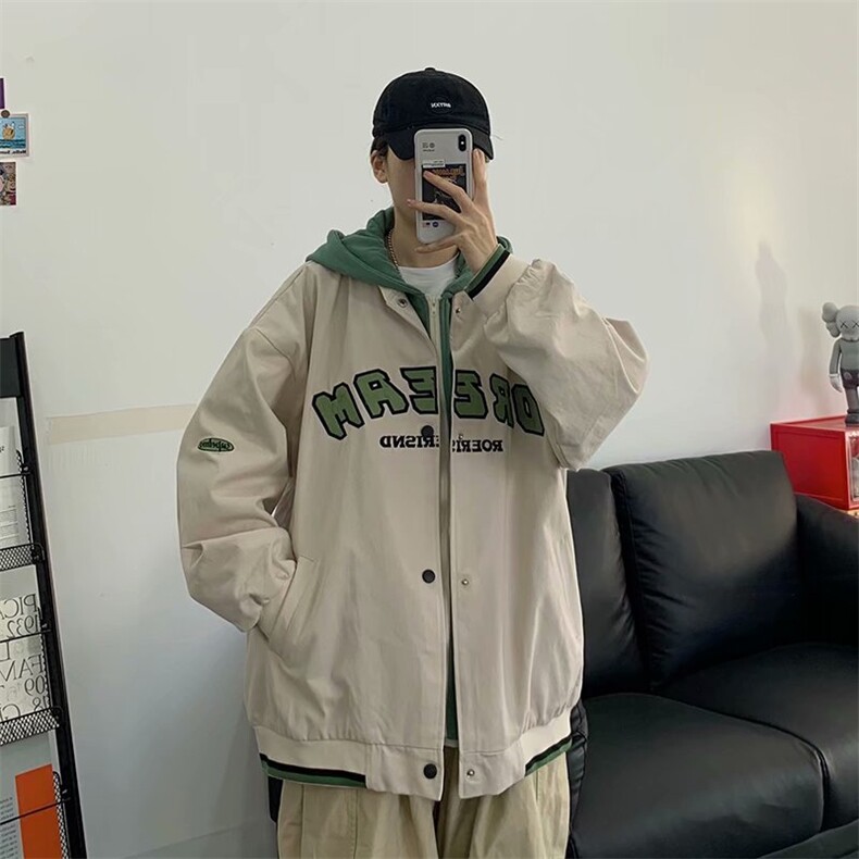 春秋季日系潮流港风假两件字母棒球服外套情侣连帽工装夹克男上衣,男装夹克,星座1210-1