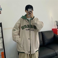春秋季日系潮流港风假两件字母棒球服外套情侣连帽工装夹克男上衣，男装夹克，星座1210-1