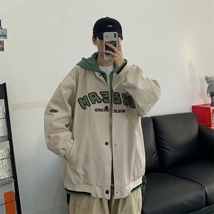 春秋季日系潮流港风假两件字母棒球服外套情侣连帽工装夹克男上衣图片