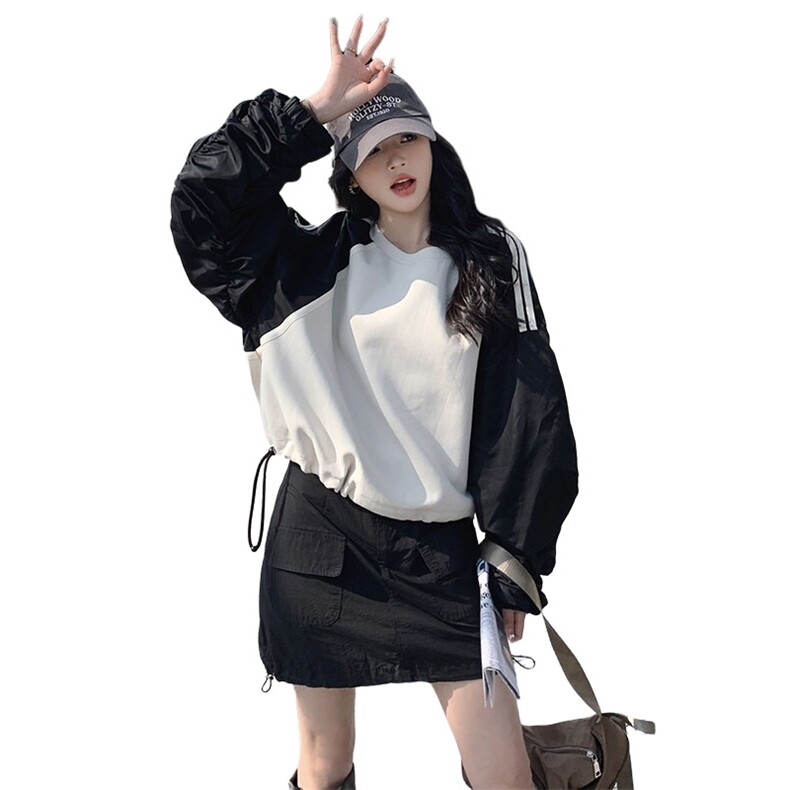 时尚撞色宽松短款长袖卫衣休闲百搭显瘦女装外套,女装短外套,秀美人生