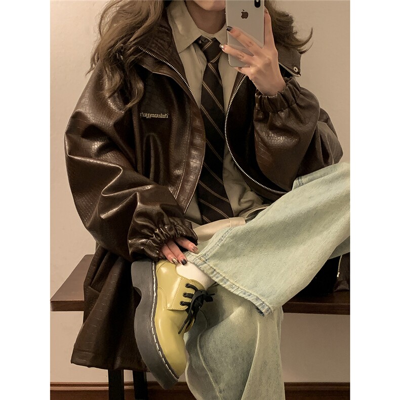 1鳄鱼纹连帽冲锋衣大码M-5XL面层：PU皮夹克女JK8744P90控128,男装夹克,星座226-2