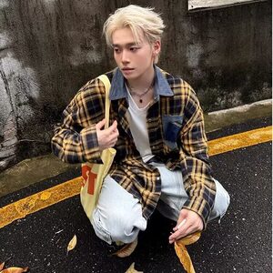 高级感外穿格子衬衫男女情侣复古宽松百搭早秋黄色格纹衬衣图片