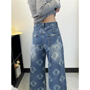 kitty猫印花牛仔裤女春季可爱卡通设计感高腰宽松甜美减龄拖地裤图片