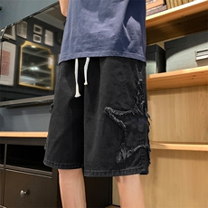8XL-M特大码夏季美式高街五角星牛仔短裤港风宽松五分裤DK1513P40，男装休闲裤，电商D206-1