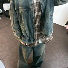 2025秋季美式高街机车牛仔外套男款水洗做旧潮牌宽松休闲拉链，男装工装外套，星座1210-1