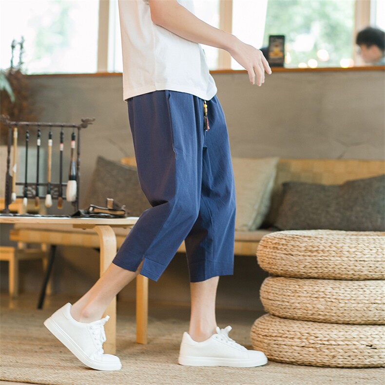 夏季棉麻七分裤男宽松纯色风7休闲裤抽绳225-1-K66-P25，男装休闲裤，星座225-1