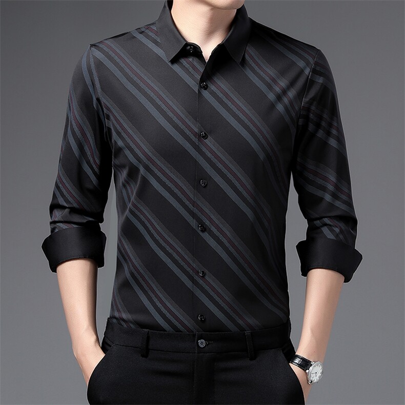 条纹衬衫长袖2023新款男装免烫男士衬衣宽松韩版潮流外套百搭服饰,男装衬衫,电商B212（原钱塘6029）