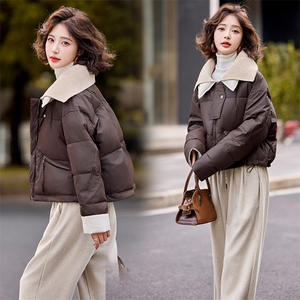 【冬新主推】针织领pu皮拼接羽绒服~短款时尚羽绒服女图片