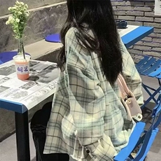 格子衬衫女春春秋韩系设计感小众长袖衬衣美式复古宽松薄外套，男装衬衫，星座506A