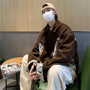 秋季民族风宽松情侣夹克男女灯芯绒拼接棒球领外套 WT66 P62图片
