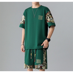 夏季菠萝格休闲运动套装男刺绣T恤短裤两件套潮A266-TZ8808-P50,搭配短裤比较好看的鞋子高帮图片