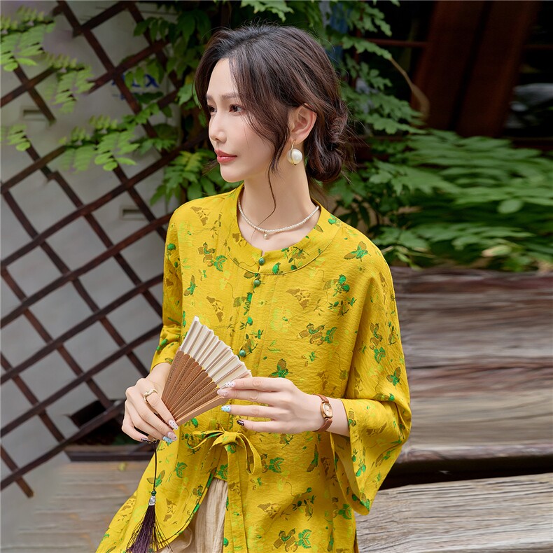 新中式印花宽松喇叭袖小衫配裙裤时尚气质两件套女,女装套装/套裙,水衣源