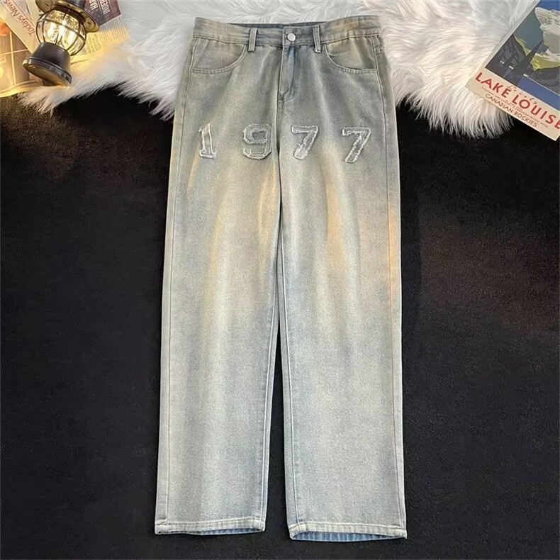 美式高街1977刺绣水洗做旧直筒牛仔裤男宽松潮牌复古裤子GN69-P40图片