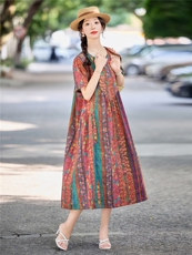 复古文艺碎花棉麻连衣裙女2026夏季宽松遮肚显瘦大码微胖直筒裙子，女装连衣裙，倪叶myz