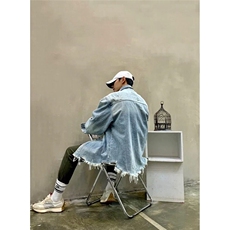 美式复古毛边牛仔夹克男女宽松长袖潮牌搭破洞衬衫外套W6605-P72，男装夹克，星座412-3