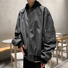 美式皮夹克外套男连帽oversize宽松假两件pu皮衣夹克LJ85399-P85，男装夹克，星座1008