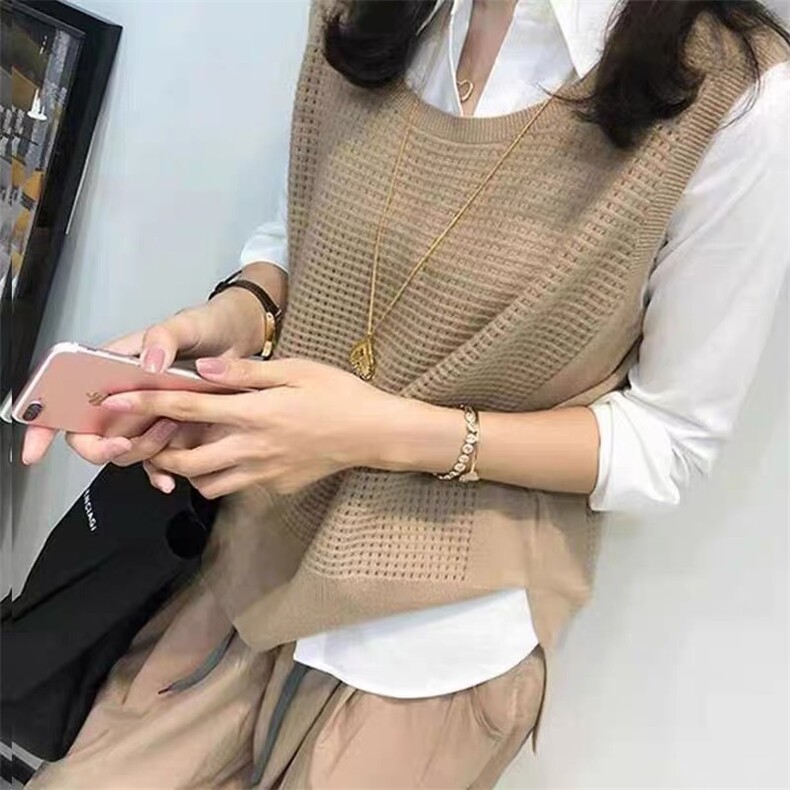 反季清仓镂空针织马甲女套头圆领宽松外穿坎肩毛衣背心大码马夹薄,女装马甲,洁纯羊绒